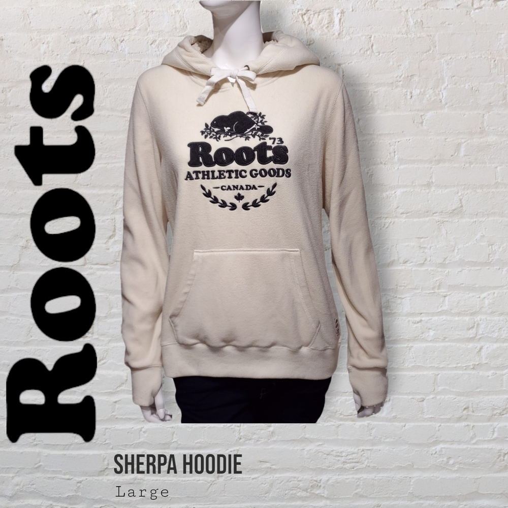 Roots Cream Fleece Sweatshirt Sherpa Hoodie Women's Large